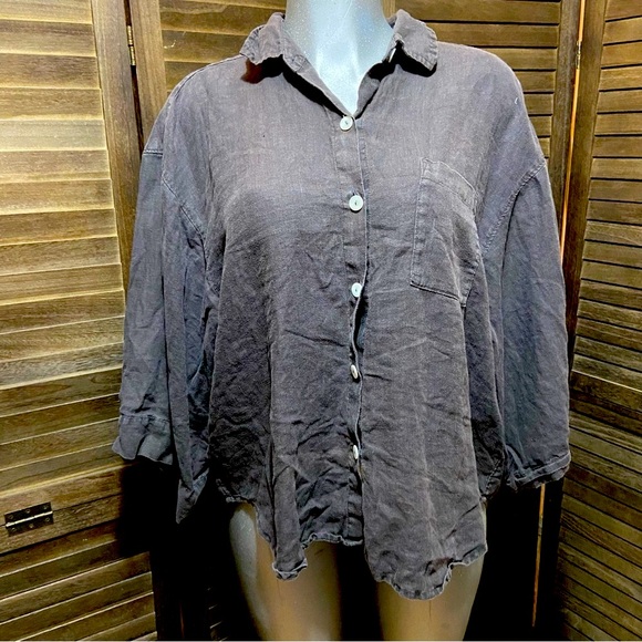 Sunday Morning Vivian Loungewear Lagenlook Button-Up Shirt 100% Linen Charcoal - Picture 1 of 11